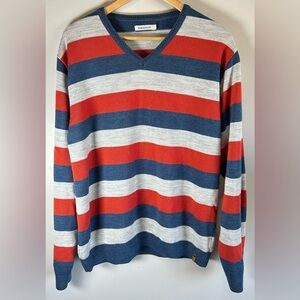 Peter England Men's XL Sweater Orange Blue Striped Pullover Long Sleeve V-Neck